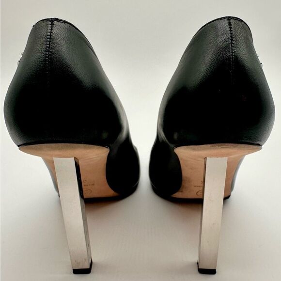 Chanel Collection Black Leather Satin Cap Toe Metal Ruler Heels Pumps EU37.5 US7 - Picture 12 of 12